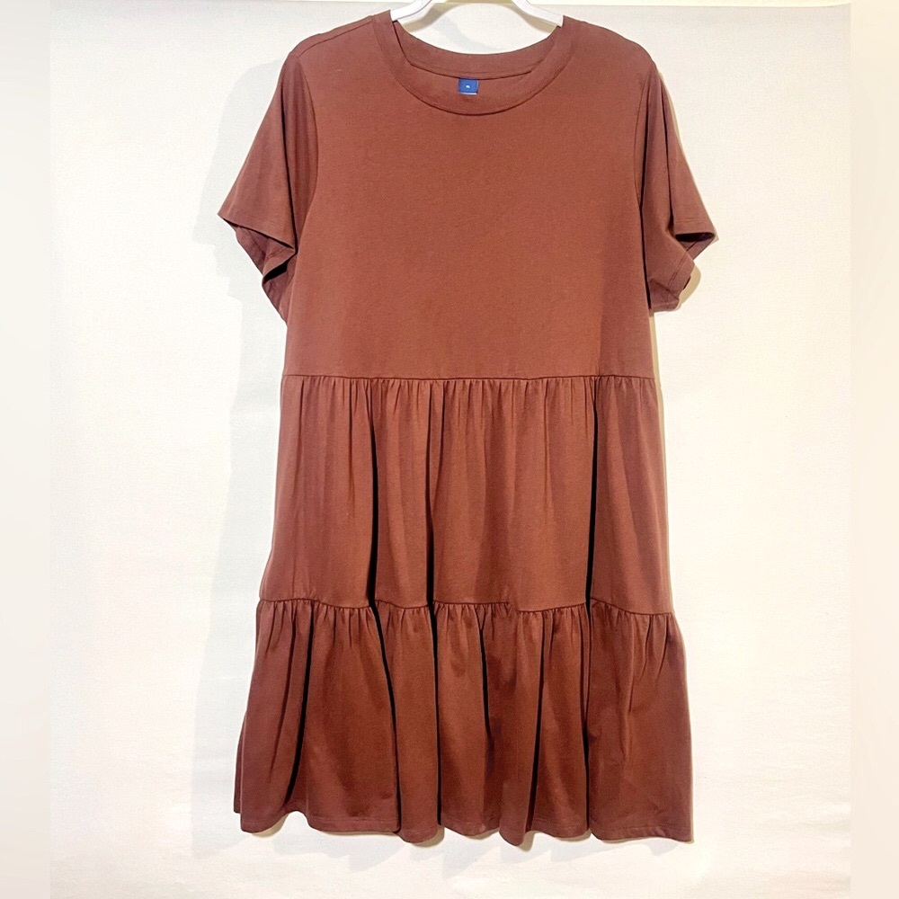 Women’s Old Navy Rootbeer Tiered Swing T- Shirt Mini Dress with Pockets